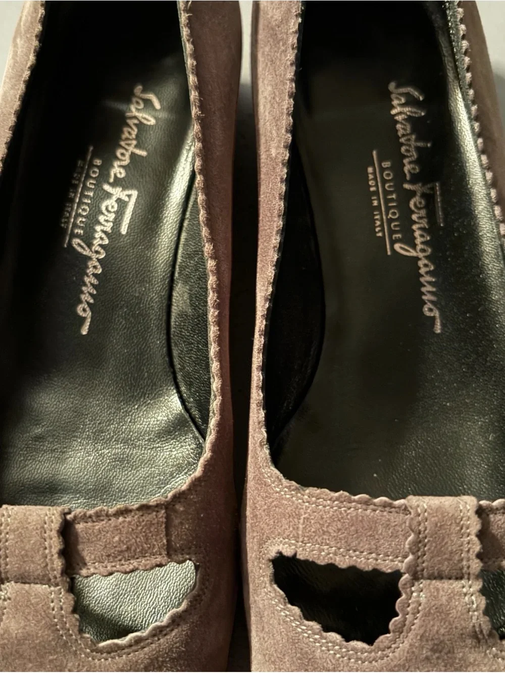 Vintage Salvatore Ferragamo Grey Suede Pumps with Black Patent Cap Toe